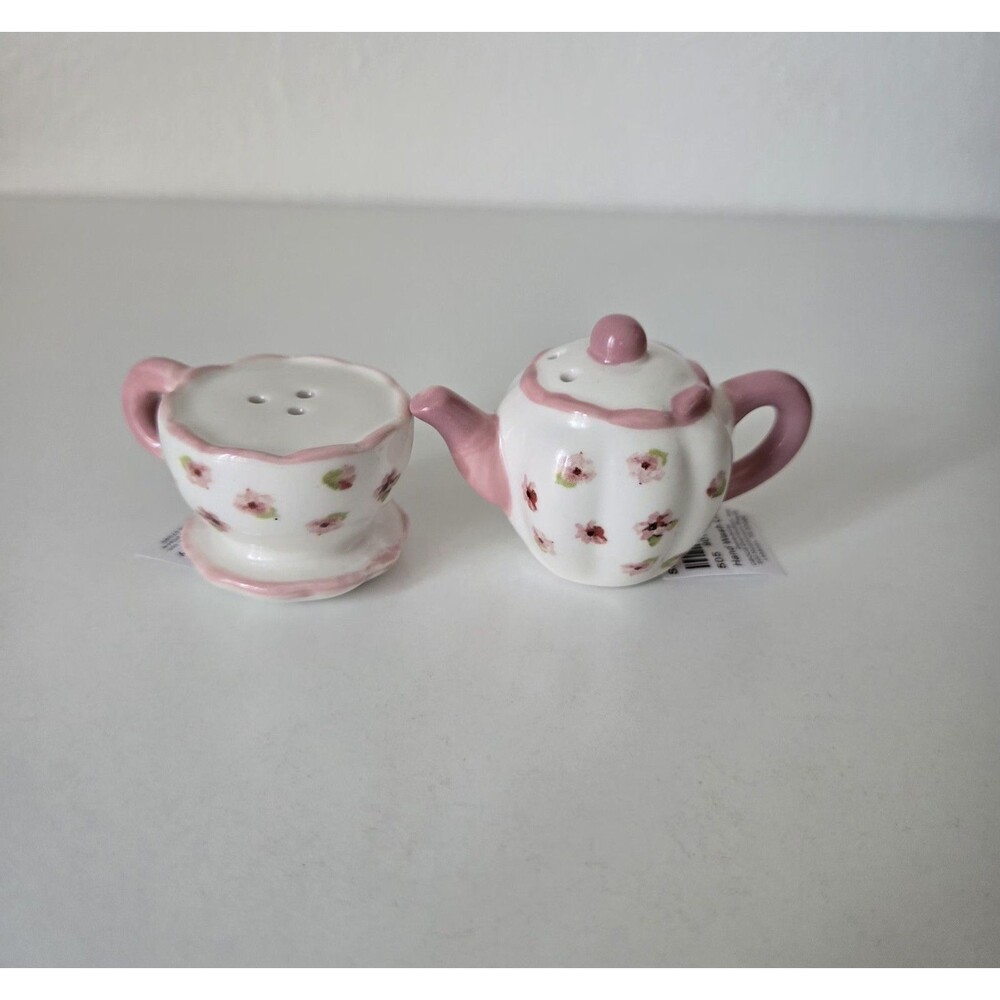 Cracker Barrel Pink Floral Tea Cup & Teapot Salt & Pepper Shakers Set Mini